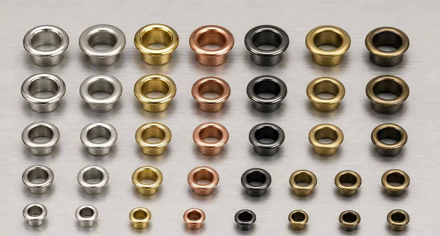 clothing grommet,Clothing grommet available in multiple sizes and metal finishes for garments, bags and fabric applications